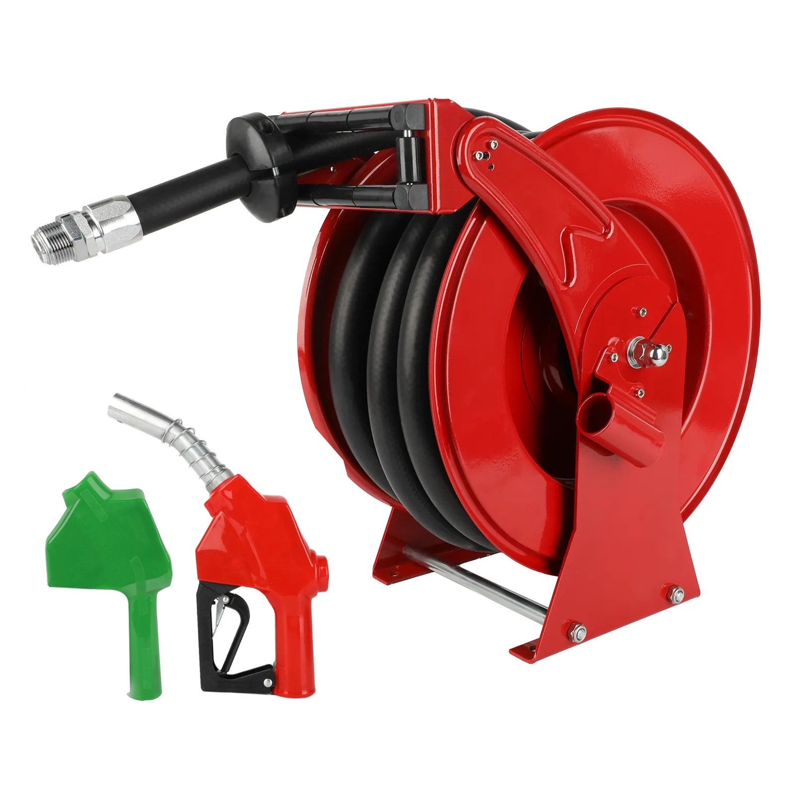 A heavy-duty red retractable fuel hose reel featuring a durable black hose and an automatic refueling gun. The reel is constructed with sturdy steel and designed for industrial use, suitable for diesel and kerosene applications in aircraft, ships, vehicles, and tanker trucks. Includes a detachable red fuel nozzle.