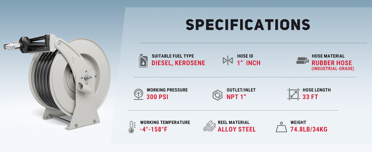 BreAro 1" x 33ft Retractable Fuel Hose Reel with 300 PSI, alloy steel construction, suitable for diesel and kerosene. Features include NPT 1" inlet/outlet, industrial-grade rubber hose, and working temperature of -4°F to 158°F.