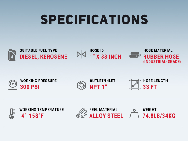 BreAro 1" x 33ft Retractable Fuel Hose Reel with 300 PSI, alloy steel construction, suitable for diesel and kerosene. Features include NPT 1" inlet/outlet, industrial-grade rubber hose, and working temperature of -4°F to 158°F.