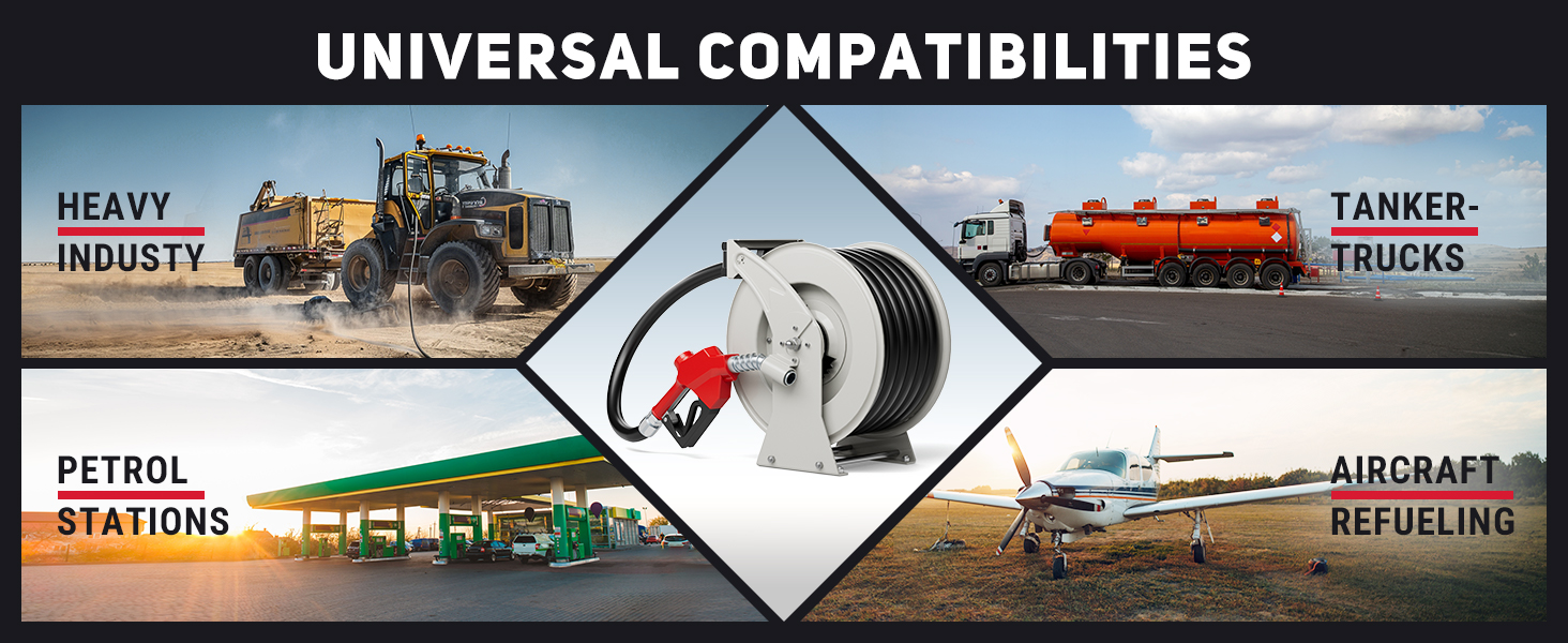 BreAro 1" x 33ft Retractable Fuel Hose Reel, ideal for heavy industry, petrol stations, tanker trucks, and aircraft refueling. Designed for versatile, reliable fueling solutions across multiple industries.