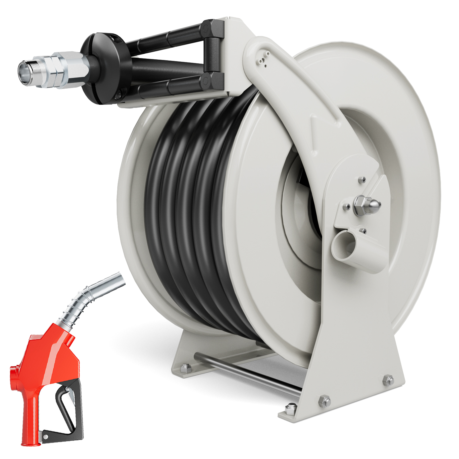 BreAro 1" x 50' Retractable Fuel Hose Reel with a fueling nozzle and heavy-duty steel construction. The reel features smooth operation, perfect for fueling vehicles, ships, and heavy machinery, offering durability and efficiency in industrial settings.