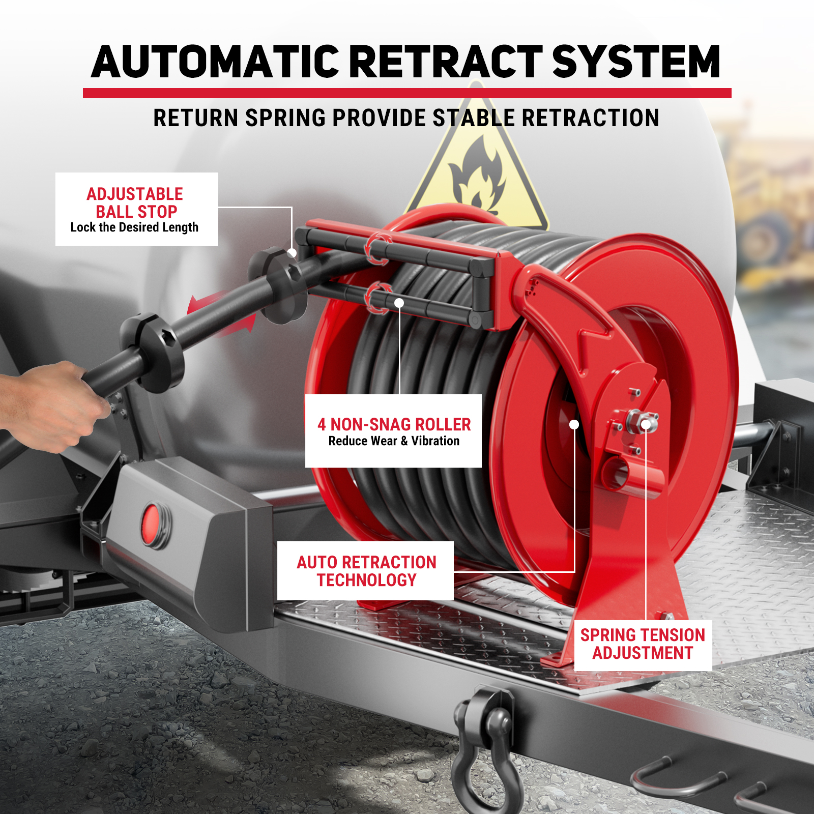 BreAro 1" Red Diesel Fuel Hose Reel with durable adjustable support arms, locking ratchet, leak-proof joints, heavy-duty steel frame, and large mounting base for industrial fueling.