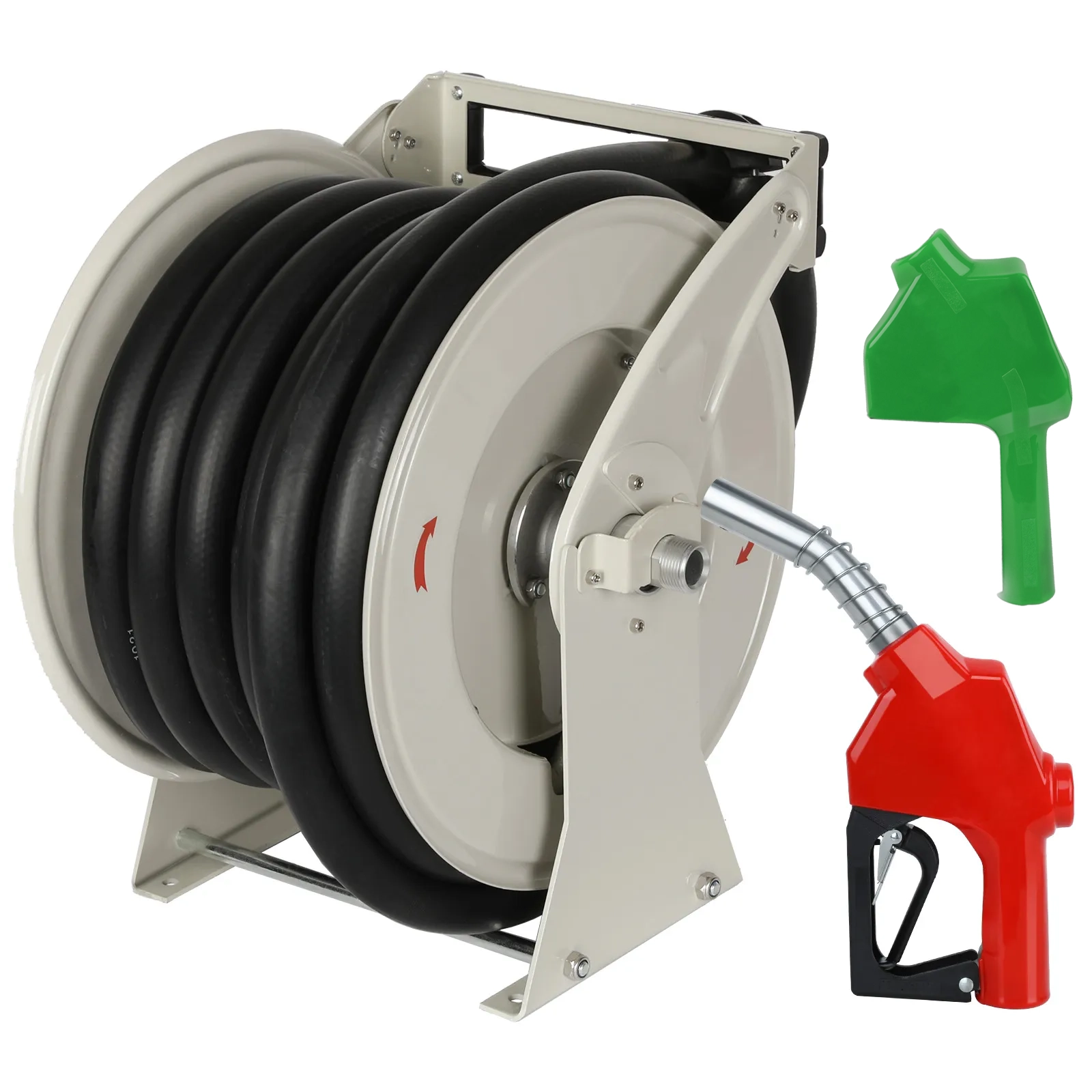 BreAro silver 1" x 50ft retractable fuel hose reel with red automatic fueling nozzle, heavy-duty steel frame, and spring-driven rewind system for diesel and kerosene use in industrial environments.