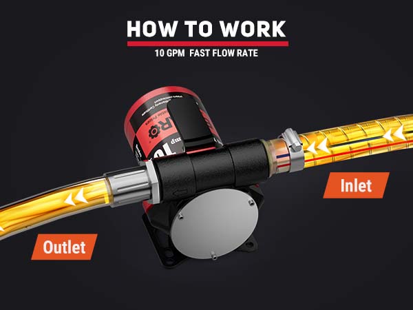 BreAro fuel transfer pump with 10 GPM fast flow rate, showcasing the inlet and outlet system for efficient fuel transfer with high-speed performance.