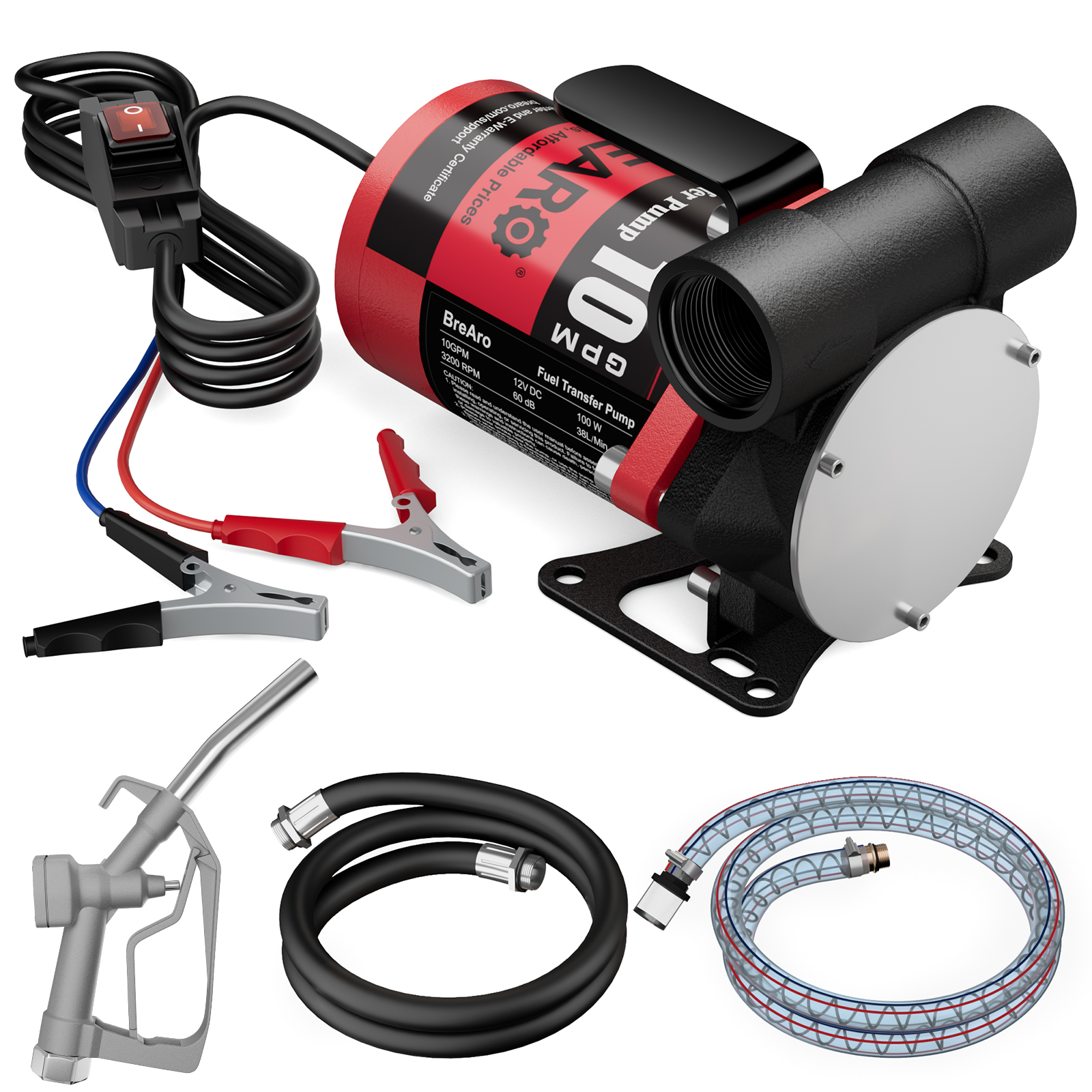 BreAro 12V fuel transfer pump with manual nozzle, 10 GPM high flow rate, includes inlet hose, outlet hose, battery clamps, and power switch for easy fuel transfer.
