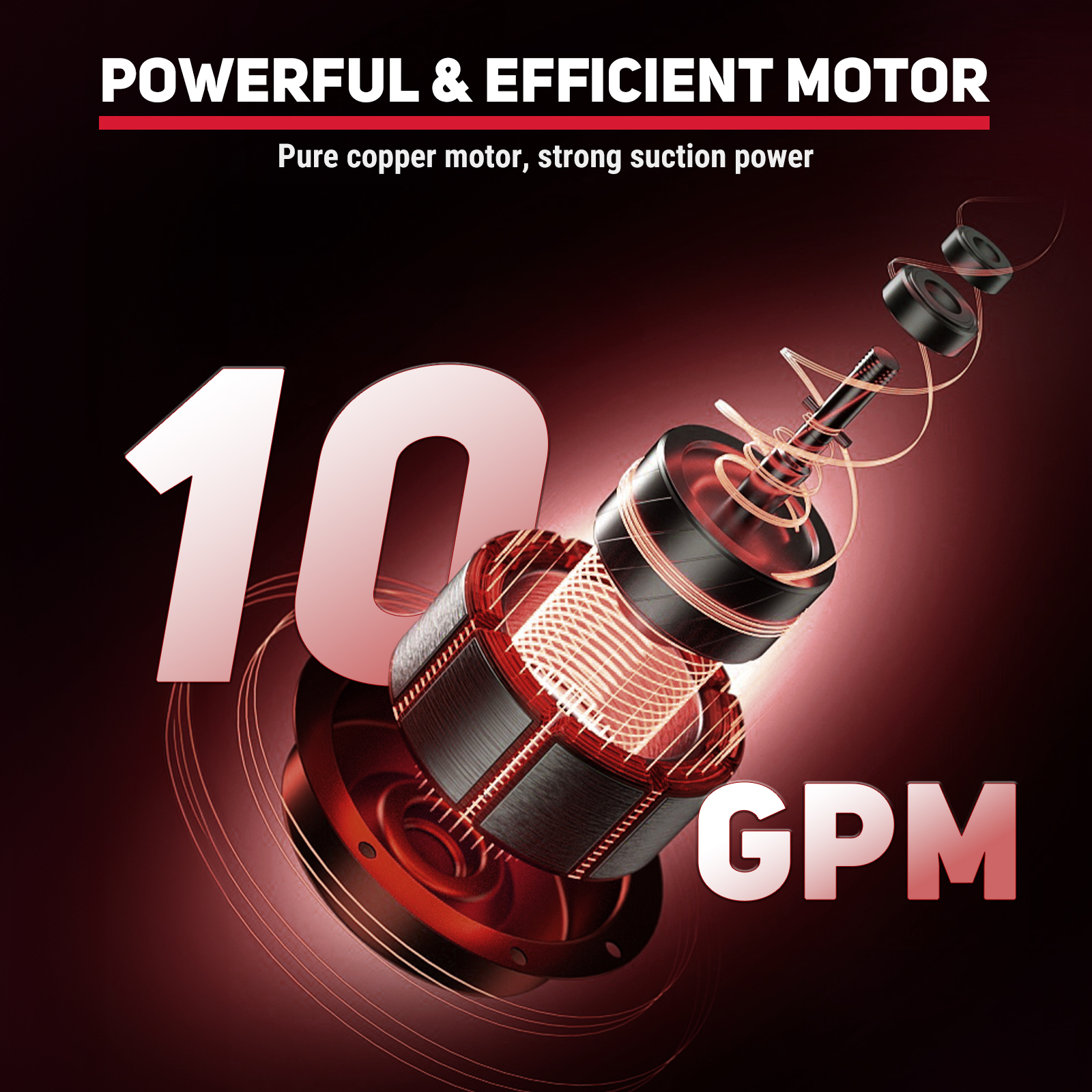 BreAro fuel transfer pump featuring a powerful pure copper motor for strong suction power, ensuring efficient 10 GPM fuel flow rate for quick transfers.