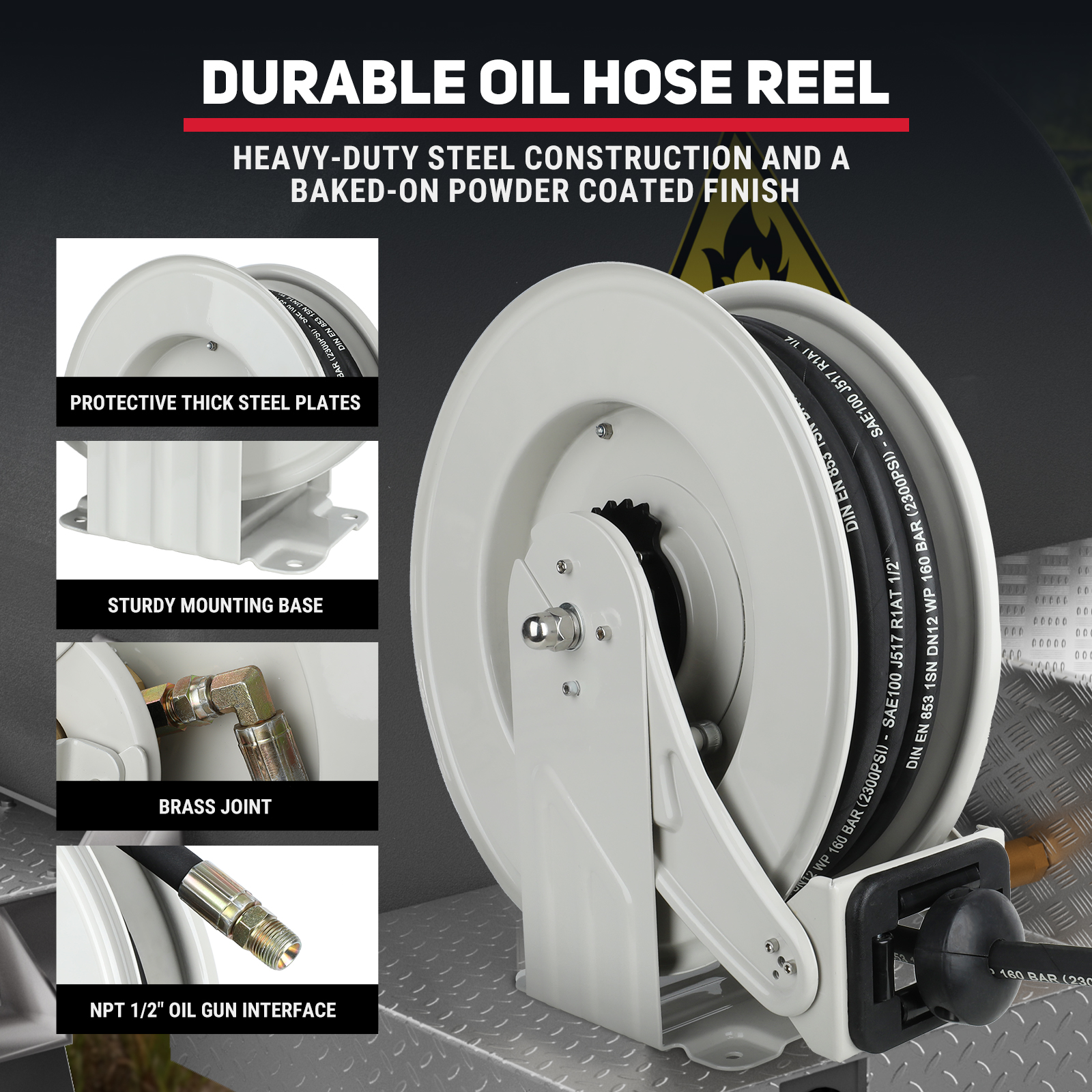 BreAro 1/2" x 50' Retractable Oil Hose Reel featuring heavy-duty steel construction, protective thick steel plates, and a sturdy mounting base. Includes a brass joint and NPT 1/2" oil gun interface for efficient oil transfer in industrial applications.