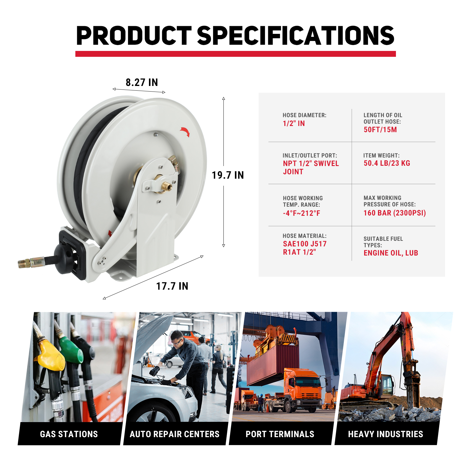 BreAro 1/2" x 50' Retractable Oil Hose Reel with detailed product specifications, including hose diameter, working pressure, temperature range, and suitable fuel types. Ideal for gas stations, auto repair centers, port terminals, and heavy industries.