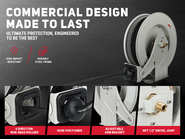 BreAro 1/2" x 50' Retractable Oil Hose Reel with a durable steel frame, high impact resistance, and 4-direction non-snag rollers. Features include an adjustable arm bracket, hose positioner, and NPT 1/2" swivel joint for easy and efficient oil transfer.