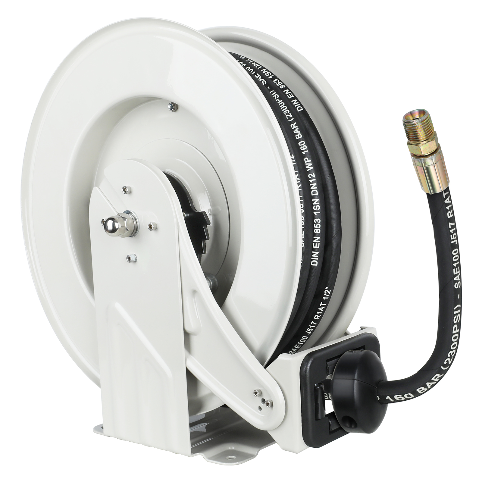 BreAro 1/2" x 50' Retractable Oil Hose Reel with durable steel construction and SAE100R1AT rubber hose. The hose is rated for 2320 PSI (160 BAR) pressure, ensuring reliable oil transfer in industrial applications with a swivel connection for smooth operation.