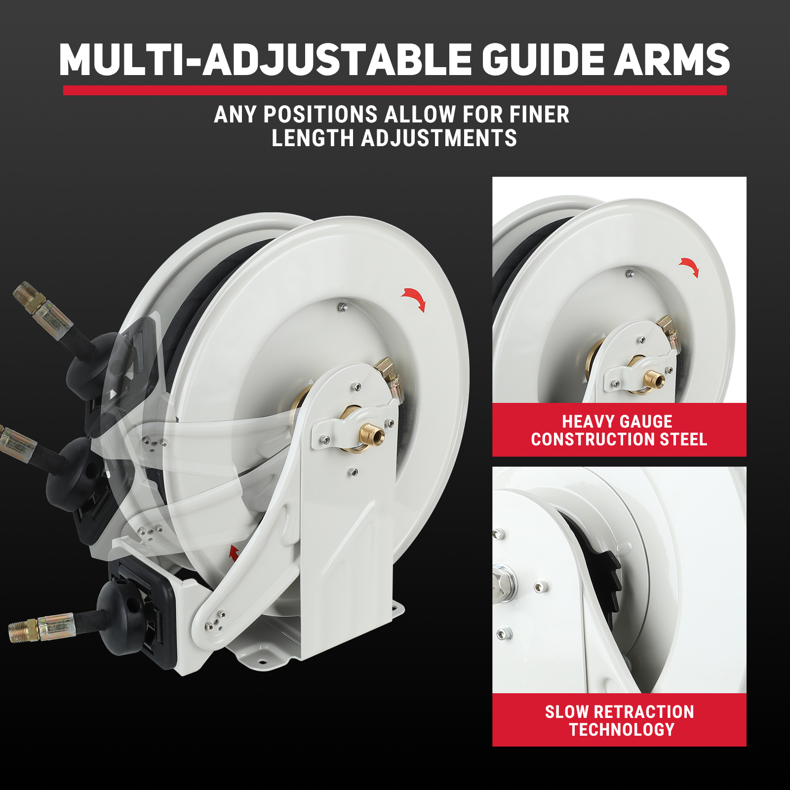 BreAro 1/2" x 50' Retractable Oil Hose Reel featuring a durable L-shaped arm base with four grooves for secure mounting. This sturdy mount allows for easy installation on walls, ceilings, or floors with a fast 4-bolt setup for reliable long-term use.