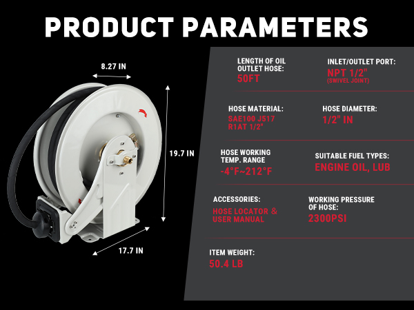 BreAro 1/2" x 50' Retractable Oil Hose Reel featuring SAE100 J517 R1AT hose, 2300 PSI working pressure, and NPT 1/2" swivel joint. Designed for engine oil and lubrication with a temperature range of -4°F to 212°F. Includes hose locator and user manual for