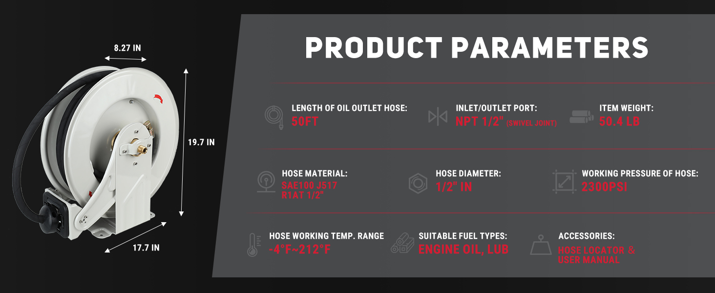 BreAro 1/2" x 50' Retractable Oil Hose Reel featuring SAE100 J517 R1AT hose, 2300 PSI working pressure, and NPT 1/2" swivel joint. Designed for engine oil and lubrication with a temperature range of -4°F to 212°F. Includes hose locator and user manual for