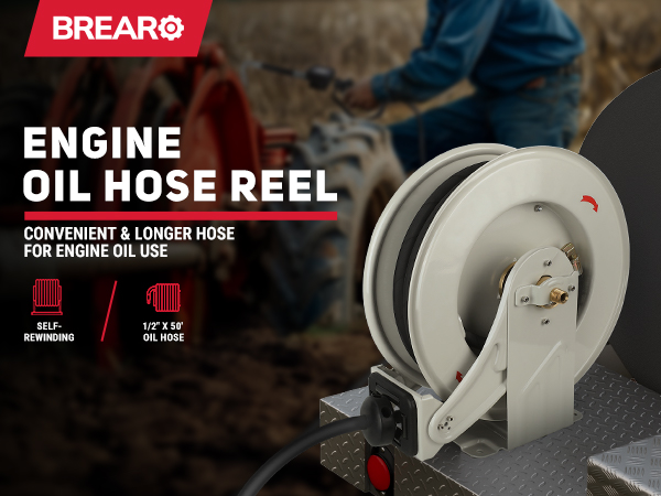 BreAro 1/2" x 50' Self-Rewinding Engine Oil Hose Reel designed for long-distance refueling, offering a convenient and durable solution for engine oil use. Features an easy-to-use self-rewinding mechanism for efficient hose storage.
