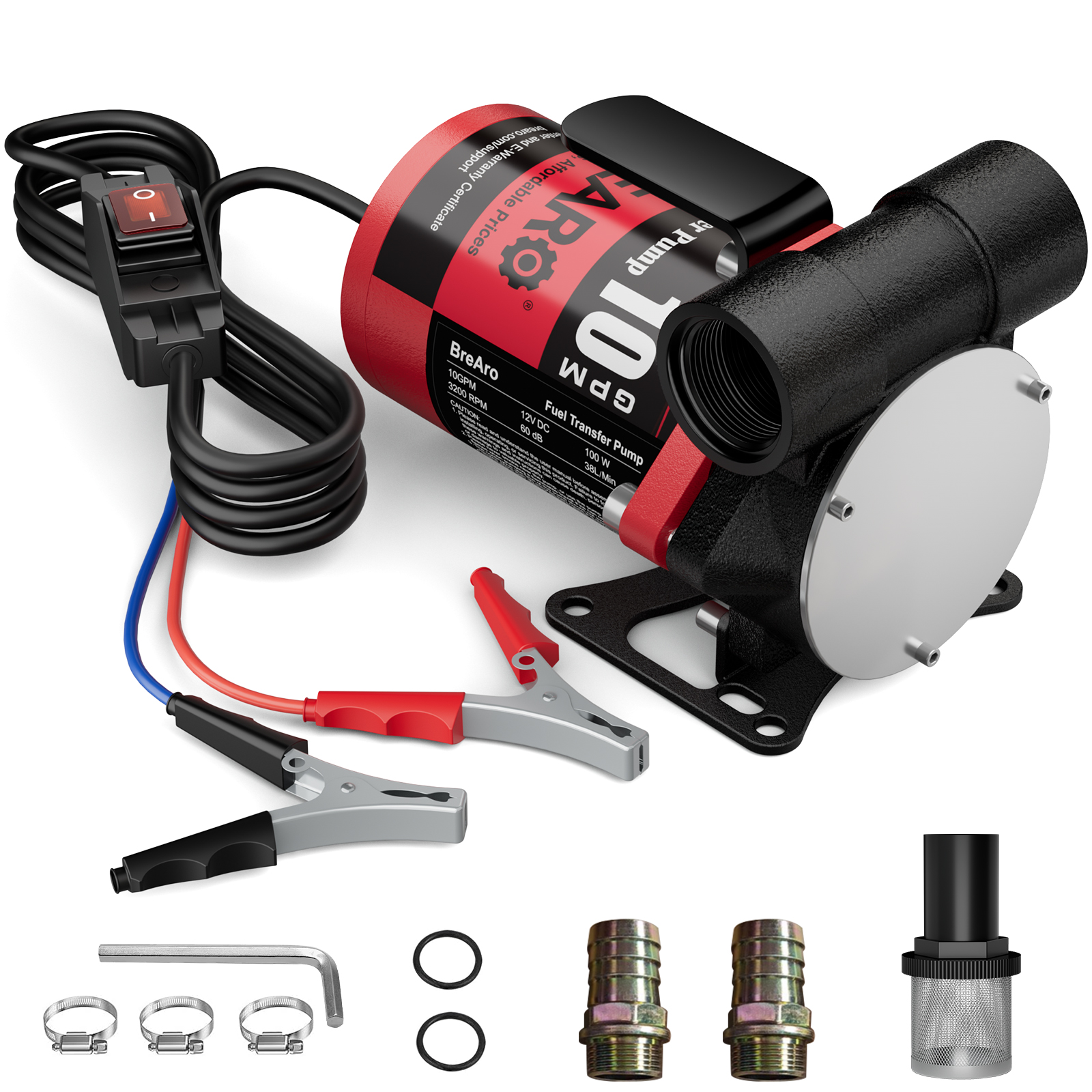 BreAro 12V fuel transfer pump with power switch, battery clamps, hose adapters, mesh filter, and hose clamps. Includes all essential accessories for efficient fuel transfer applications.