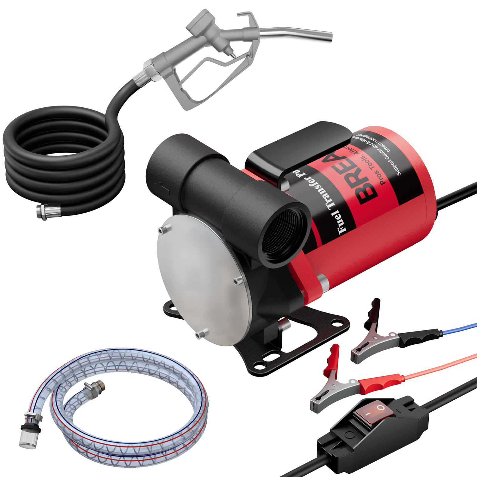 BreAro 12V fuel transfer pump kit with 10 GPM high flow rate, manual nozzle, battery clamps, power switch, inlet hose, outlet hose, and metal mesh filter for efficient fuel transfer.
