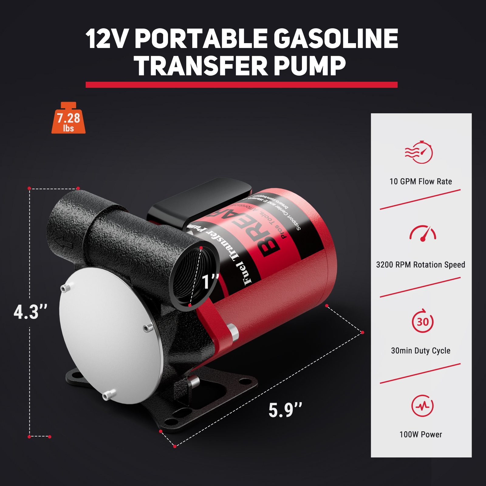 BreAro 12V portable gasoline transfer pump with 10 GPM flow rate, 3200 RPM motor, 30-minute duty cycle, and 100W power. Compact size with dimensions 5.9" x 4.3" and weight 7.28 lbs.