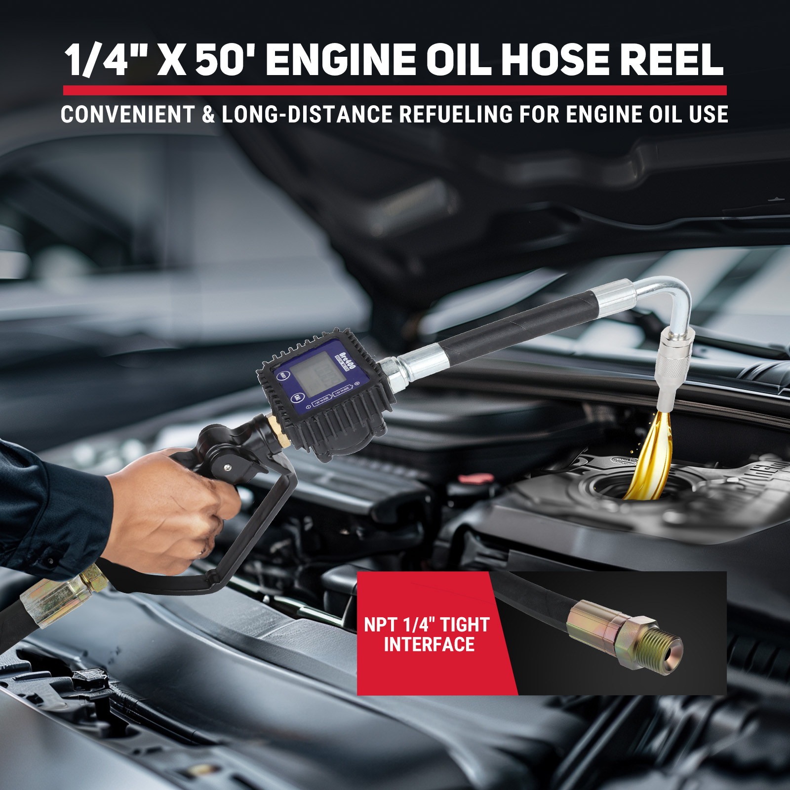 BreAro 1/4" x 50ft Engine Oil Hose Reel featuring a convenient long-distance refueling system for engine oil use. Includes an NPT 1/4" tight interface for secure connection, and an easy-to-use oil nozzle for precise dispensing. Ideal for automotive service centers.