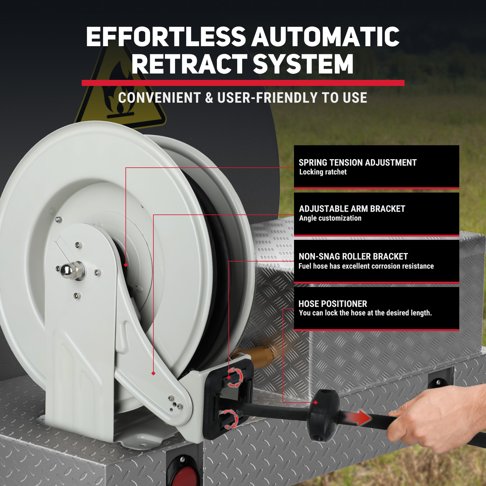 BreAro 1/4" x 50ft Retractable Grease Hose Reel showcasing the effortless automatic retract system. Features include spring tension adjustment, an adjustable arm bracket, non-snag roller bracket, and hose positioner for customizable hose management and secure operation.