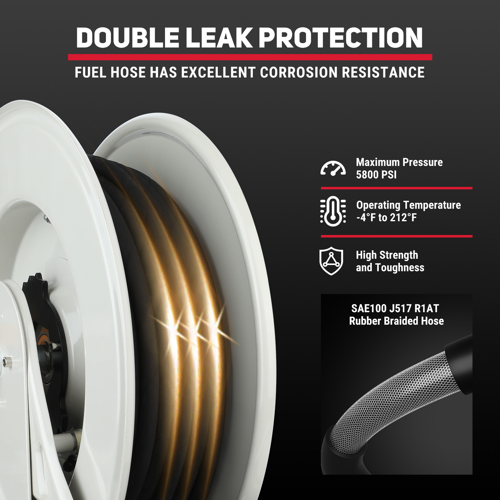 BreAro 1/4" x 50ft Retractable Grease Hose Reel featuring a high-strength SAE100 J517 R1AT rubber braided hose with double leak protection. Rated for 5800 PSI pressure and operating temperature from -4°F to 212°F, providing excellent corrosion resistance and durability.