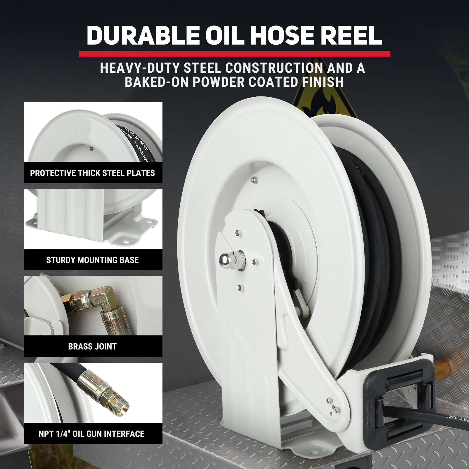 BreAro 1/4" x 50ft Retractable Grease Hose Reel featuring durable heavy-duty steel construction, protective thick steel plates, and a powder-coated finish. Includes a sturdy mounting base, brass joint, and NPT 1/4" oil gun interface for secure and reliable use.