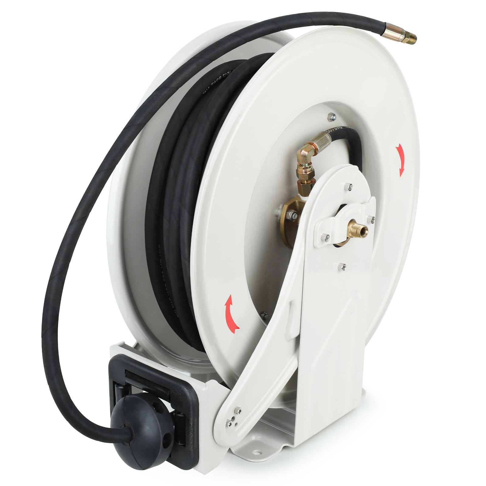 BreAro 1/4" x 50ft Retractable Grease Hose Reel with high-pressure 5800 PSI, automatic spring rewind, and durable steel frame for industrial and auto use. Features leak-proof NPT connection and smooth retraction system. Ideal for tough environments.