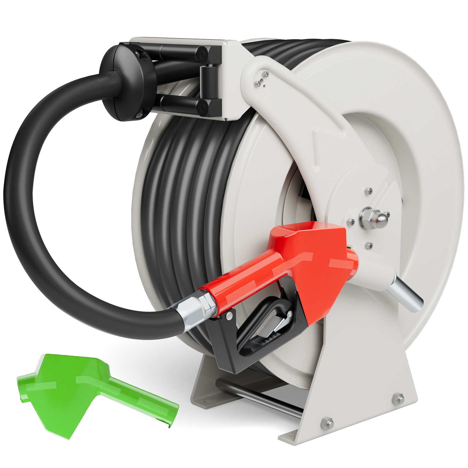 BreAro retractable fuel hose reel with a 3/4'' x 50ft premium rubber hose and automatic shut-off nozzle, featuring a durable steel frame for efficient and reliable fuel transfer in industrial settings.