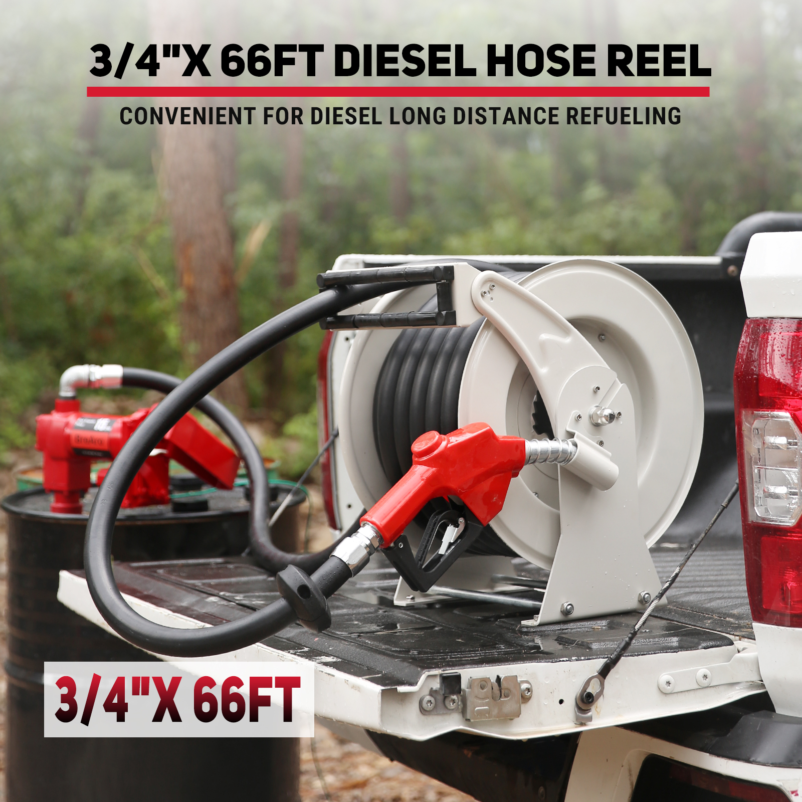 BreAro 3/4" x 66FT Diesel Hose Reel designed for long-distance diesel refueling. Features a durable reel and fueling nozzle, perfect for fueling trucks and machinery in outdoor environments or remote locations.