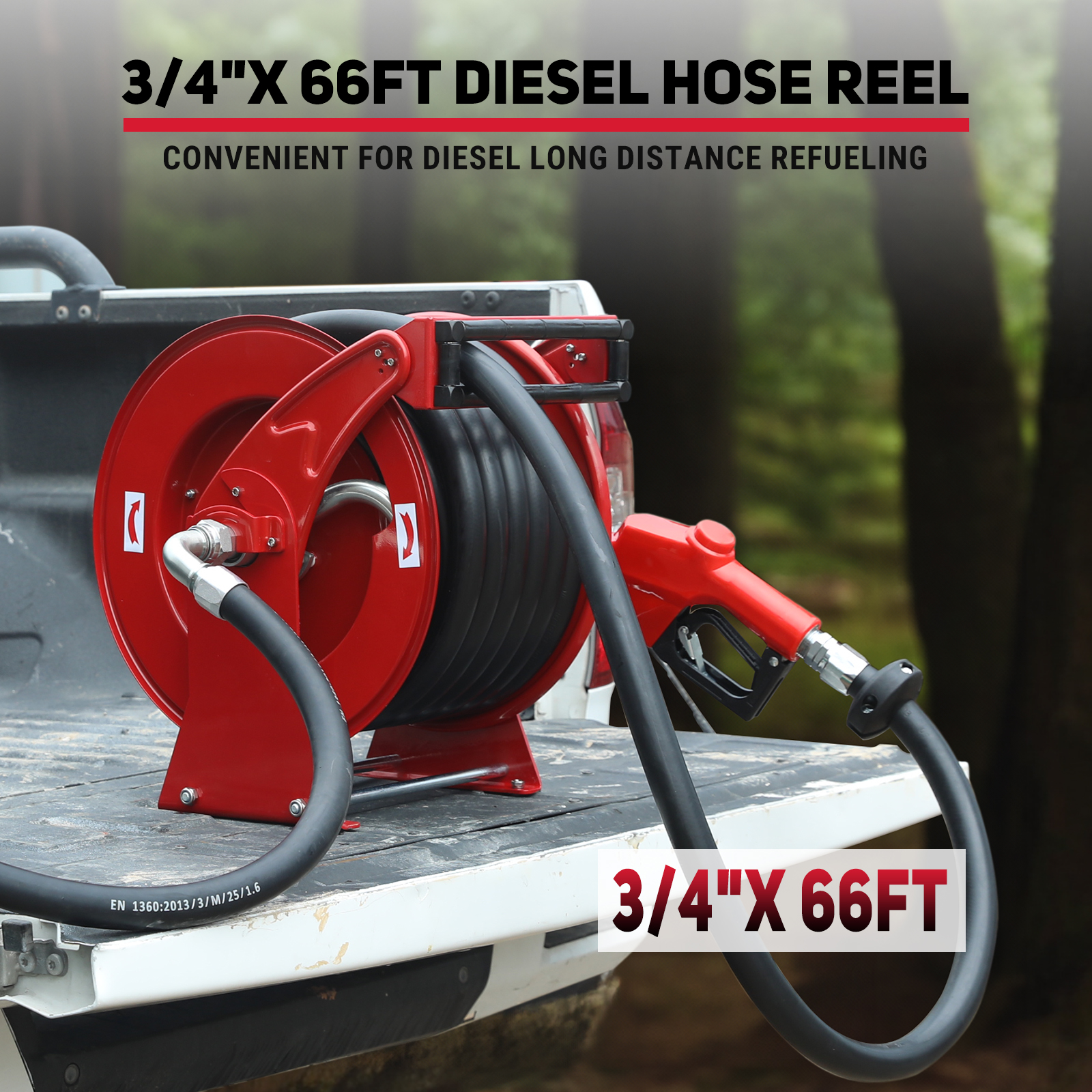 BreAro 3/4" x 66FT Diesel Hose Reel with durable red finish, designed for long-distance refueling. Features a high-strength hose, automatic rewind, and fueling nozzle, ideal for trucks and industrial use.