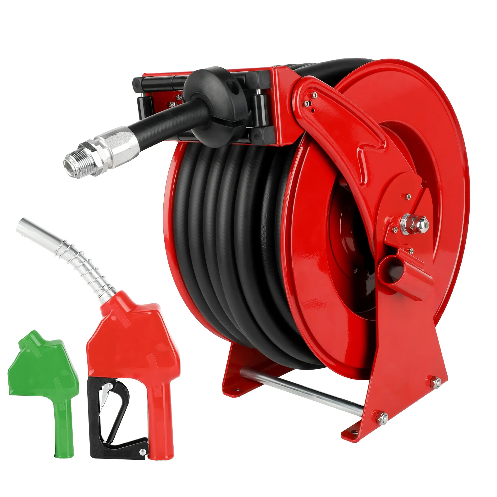 BreAro 3/4" x 66FT Retractable Fuel Hose Reel with automatic rewind, red finish, featuring durable rubber hose, fueling nozzle, and green & red fuel nozzles. Ideal for industrial fueling applications with a high-flow system.