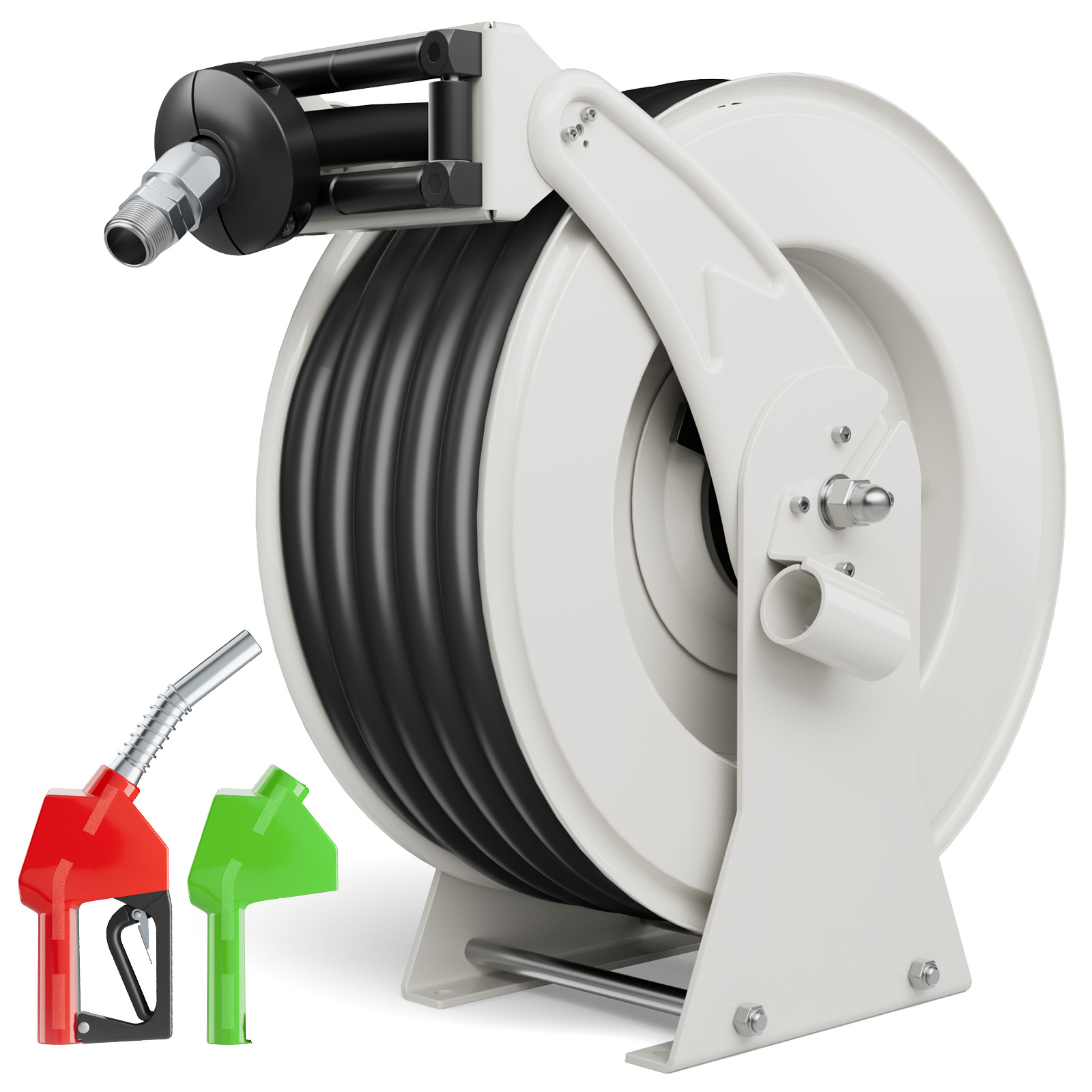 BreAro 3/4'' x 50ft retractable fuel hose reel with durable steel frame and premium rubber hose, paired with an automatic shut-off nozzle for efficient and reliable fuel transfer in industrial settings.