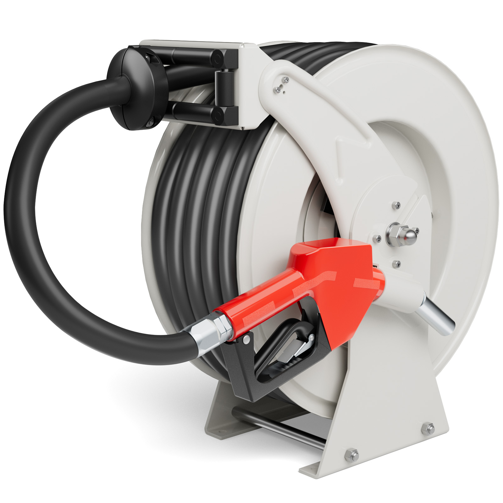 BreAro retractable fuel hose reel with a 3/4'' x 50ft premium rubber hose and automatic shut-off nozzle, featuring a durable steel frame for efficient and reliable fuel transfer in industrial settings.