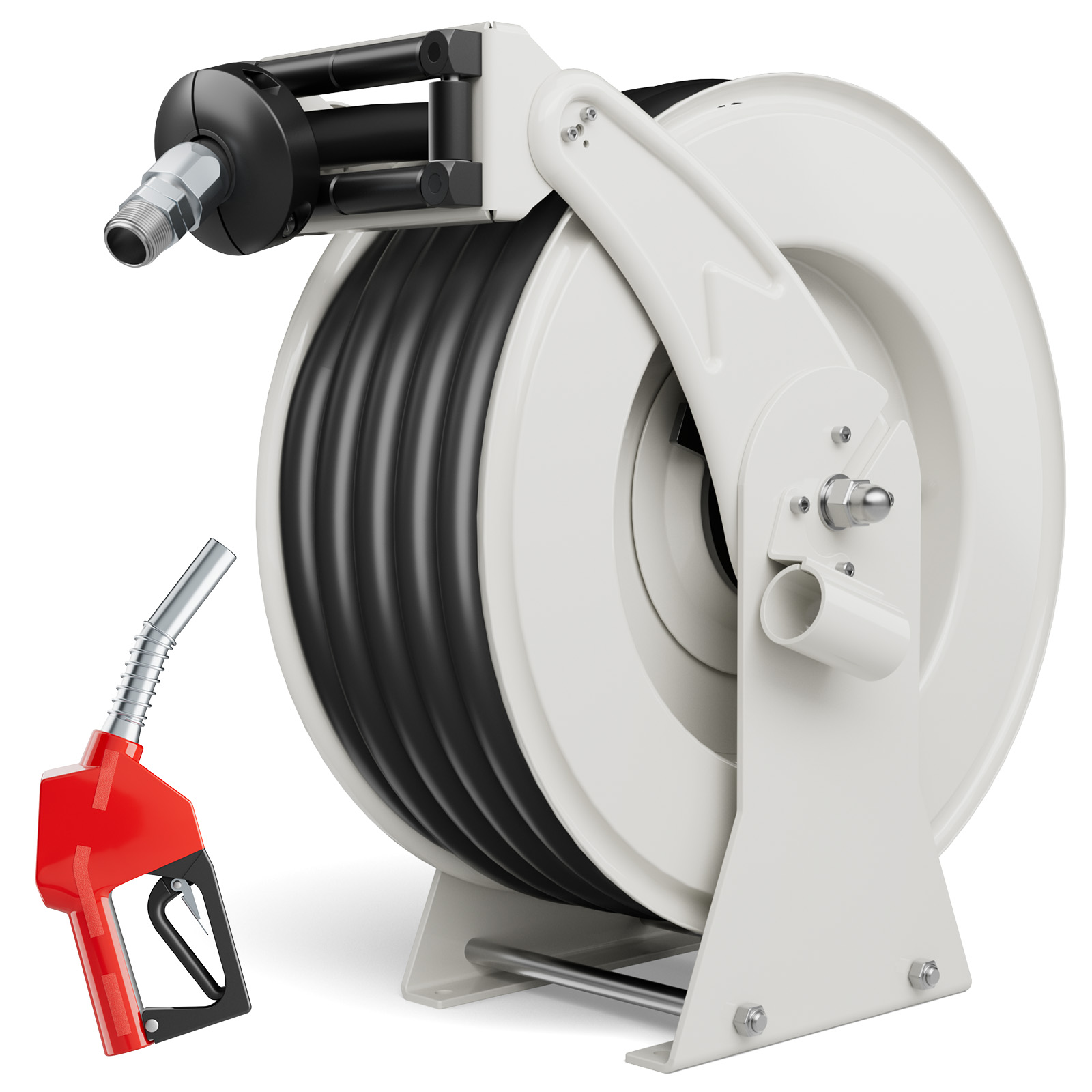BreAro 3/4'' x 50ft retractable fuel hose reel with durable steel frame and premium rubber hose, paired with an automatic shut-off nozzle for efficient and reliable fuel transfer in industrial settings.