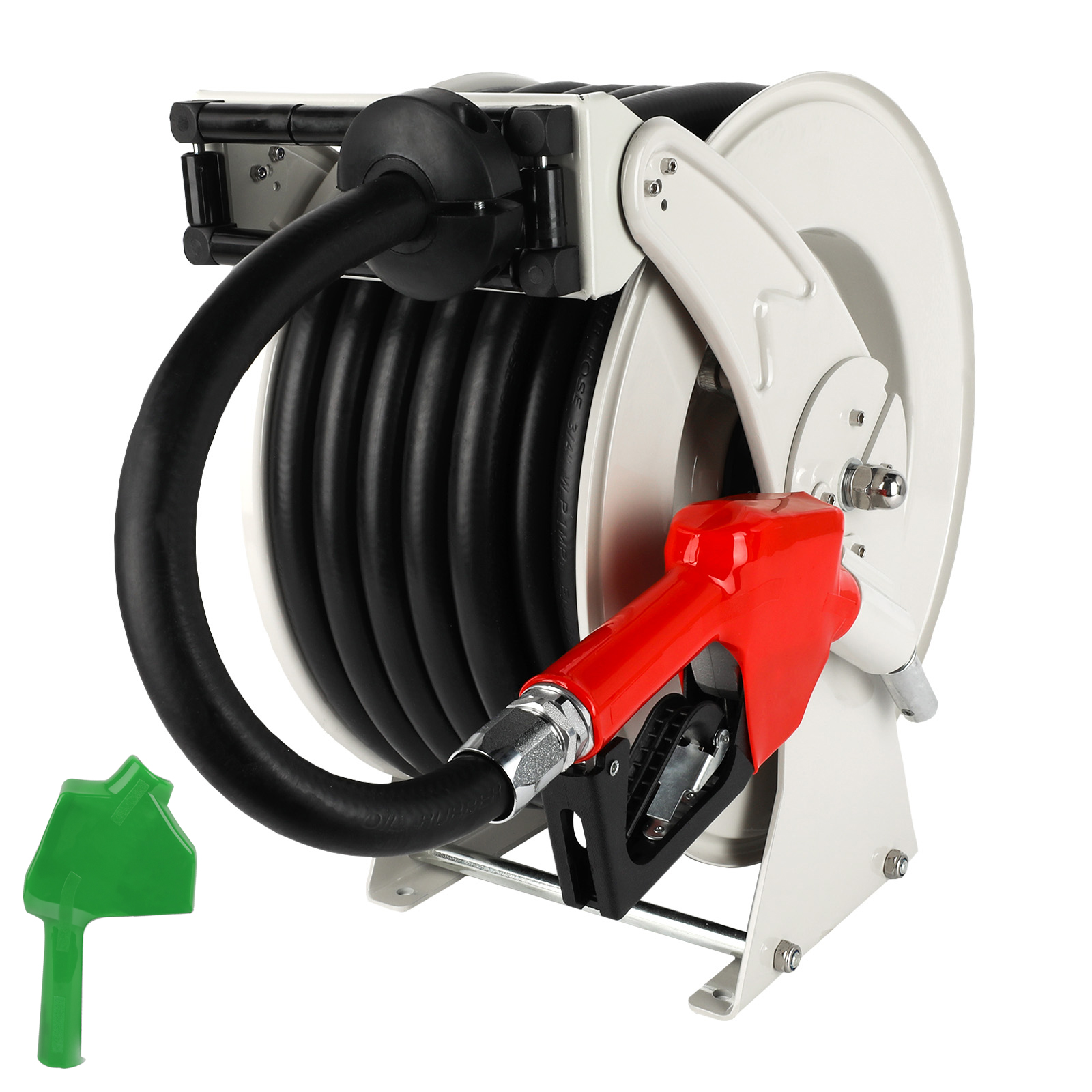 BreAro 66ft Retractable Fuel Hose Reel with Automatic Retract and Fueling Nozzle, designed for smooth fuel transfer. Ideal for industrial use, featuring durable steel construction and a corrosion-resistant design, suitable for diesel, gasoline, and kerosene.