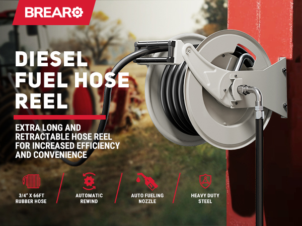 BreAro 66FT Diesel Fuel Hose Reel with automatic rewind, featuring a 3/4" rubber hose, auto fueling nozzle, and heavy-duty steel construction. Ideal for efficient long-distance diesel refueling, perfect for outdoor and industrial use.