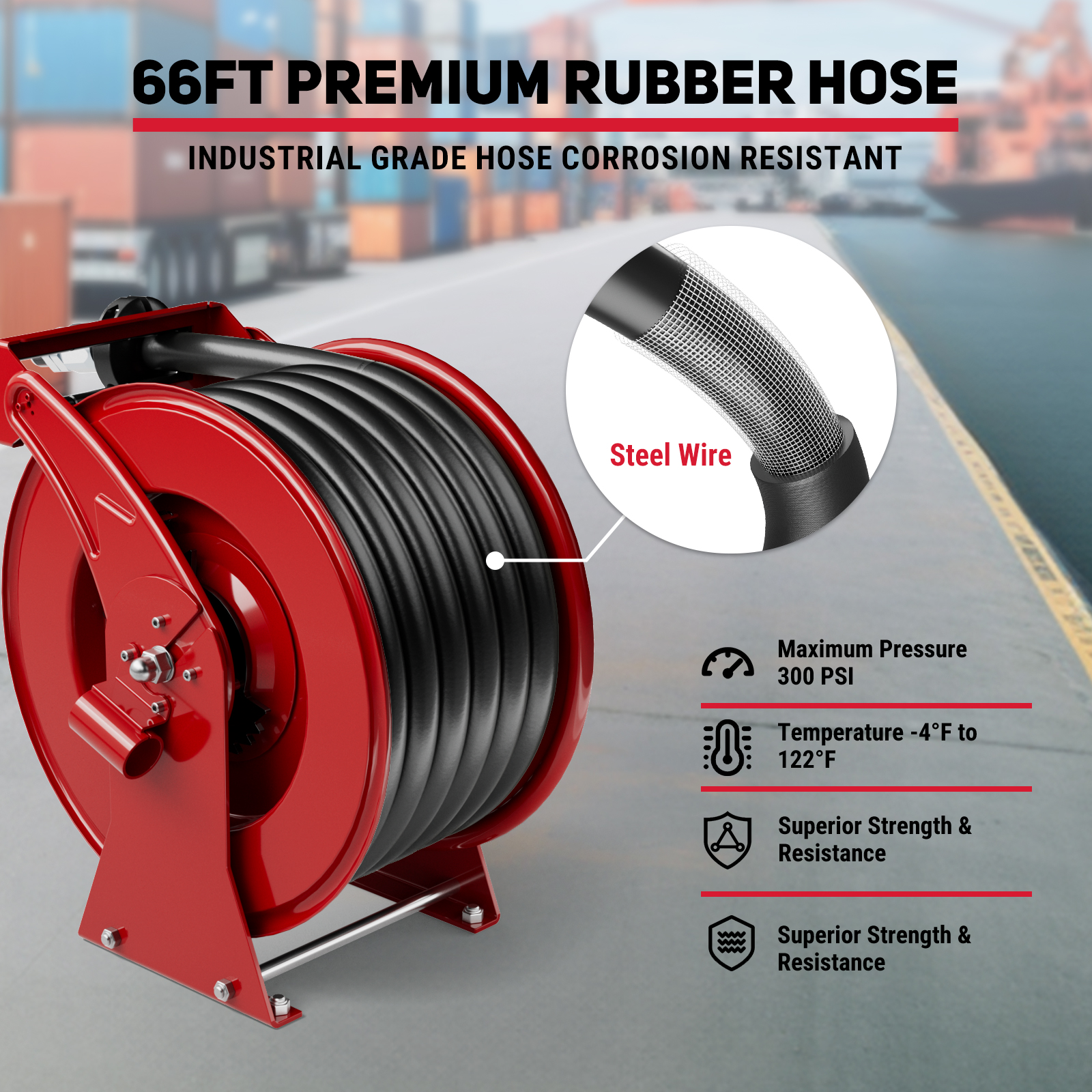 BreAro 66FT Premium Rubber Hose with steel wire reinforcement, designed for industrial use. Features corrosion resistance, maximum pressure of 300 PSI, and temperature range of -4°F to 122°F for superior strength and durability.