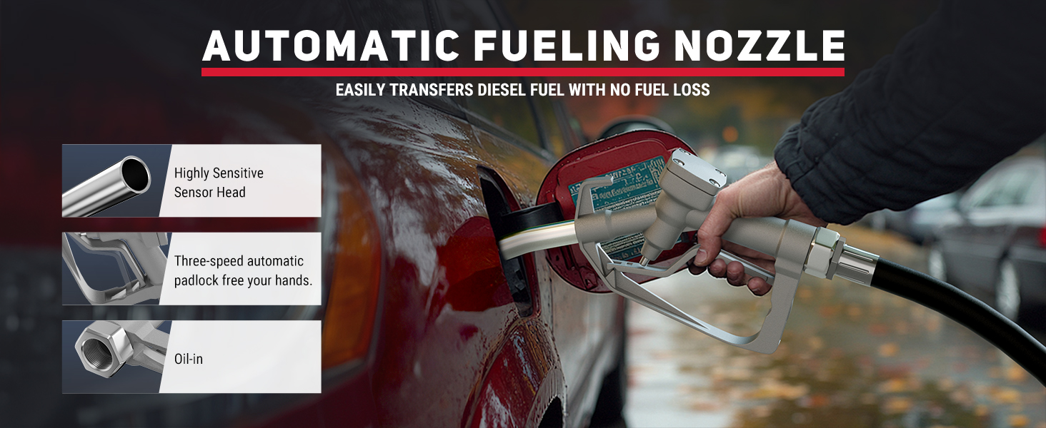 Automatic fueling nozzle designed for diesel fuel, featuring a highly sensitive sensor head, three-speed automatic lock for hands-free operation, and oil-in capability for efficient fueling.