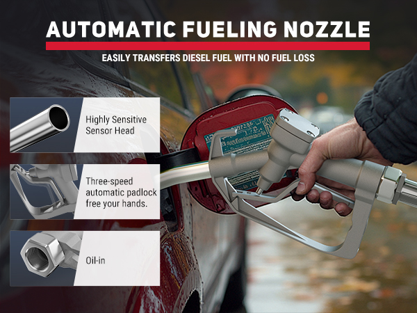 Automatic fueling nozzle designed for diesel fuel, featuring a highly sensitive sensor head, three-speed automatic lock for hands-free operation, and oil-in capability for efficient fueling.