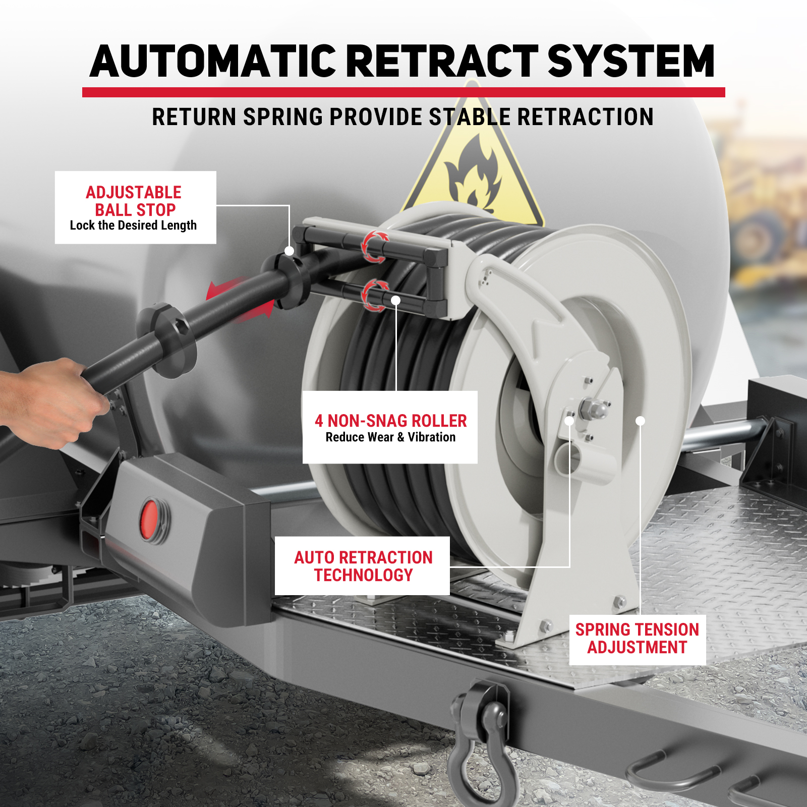BreAro Retractable Fuel Hose Reel featuring Automatic Retract System with Adjustable Ball Stop, 4 Non-Snag Rollers, and Auto Retraction Technology. Designed for smooth retraction, reduced wear, and easy hose management, ideal for industrial fueling operations.