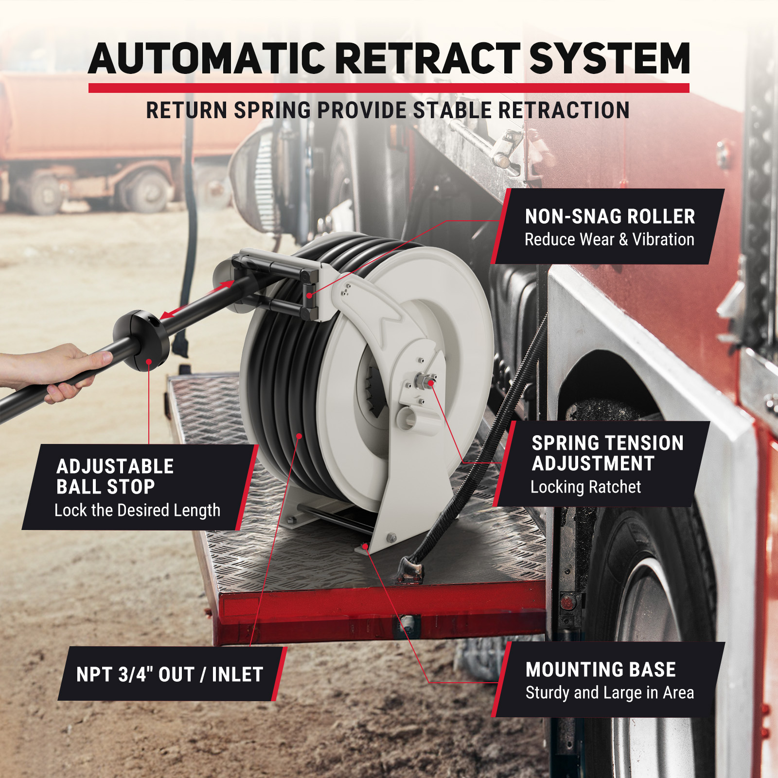 BreAro fuel hose reel with automatic retract system, featuring adjustable ball stop, spring tension adjustment, non-snag roller, sturdy mounting base, and NPT 3/4'' inlet/outlet for efficient fuel transfer.