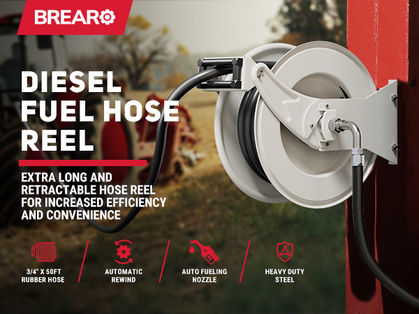 BreAro diesel fuel hose reel with a 3/4'' x 50ft rubber hose, automatic rewind system, heavy-duty steel frame, and auto fueling nozzle, ideal for efficient refueling in industrial and agricultural settings.