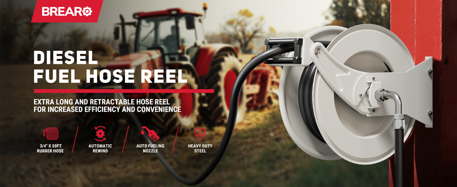 BreAro diesel fuel hose reel with a 3/4'' x 50ft rubber hose, automatic rewind system, heavy-duty steel frame, and auto fueling nozzle, ideal for efficient refueling in industrial and agricultural settings.