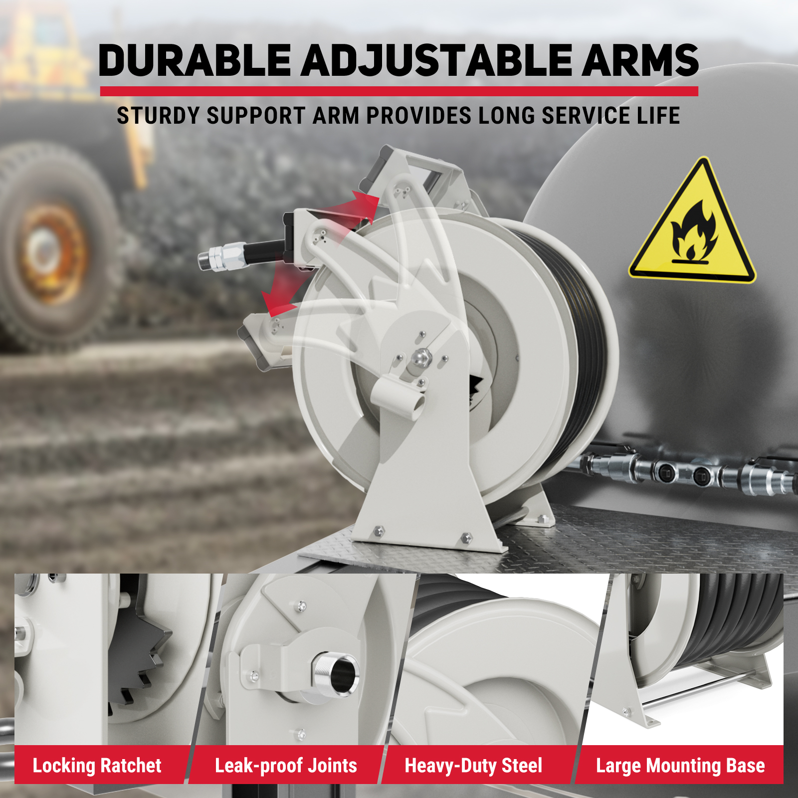 BreAro Retractable Fuel Hose Reel with Durable Adjustable Arms, featuring a sturdy support arm for long service life. Includes locking ratchet, leak-proof joints, heavy-duty steel construction, and a large mounting base for secure installation and reliable operation.