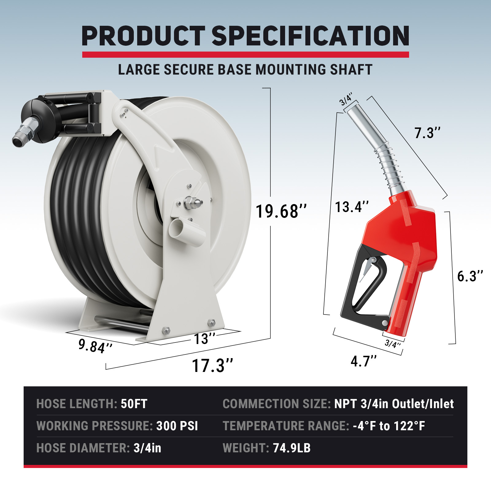 Product specifications of BreAro 3/4'' x 50ft fuel hose reel with 300 PSI working pressure, temperature range of -4°F to 122°F, and dimensions of 19.68'' height, 17.3'' width, and 74.9 lb weight.
