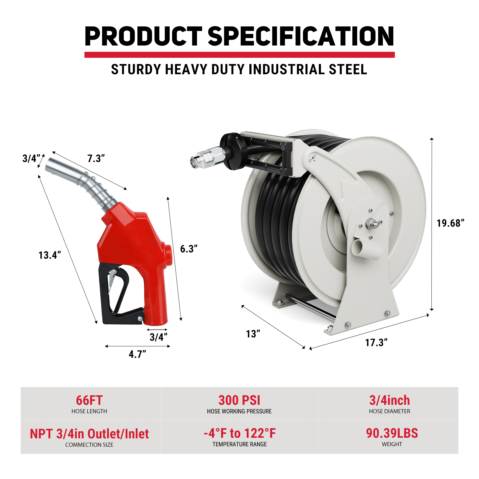 BreAro Fuel Hose Reel with 66FT hose length, 300 PSI working pressure, and 3/4" hose diameter. Features NPT 3/4" inlet/outlet, temperature range from -4°F to 122°F, and weighs 90.39 lbs. Made with heavy-duty industrial steel for durability and long-lasting performance.
