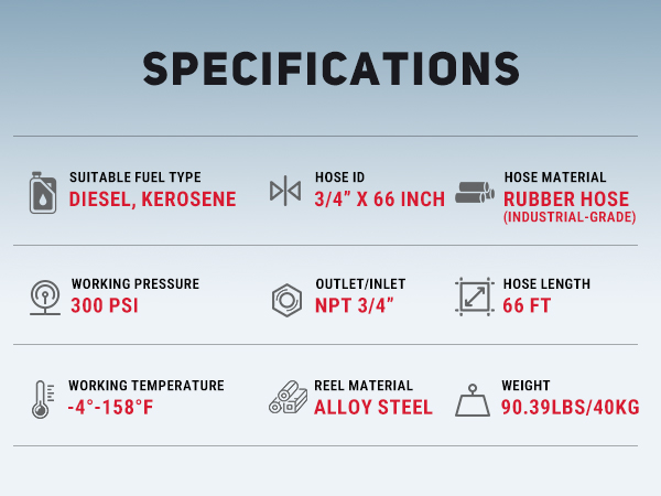 BreAro Fuel Hose Reel Specifications: Suitable for Diesel and Kerosene, 66FT Rubber Hose, 300 PSI Pressure, NPT 3/4" Inlet/Outlet, Alloy Steel Construction, Working Temperature -4°F to 158°F, Weighs 90.39 lbs.