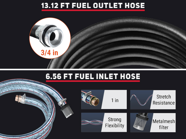 13.12 ft fuel outlet hose and 6.56 ft fuel inlet hose shown, with clear specifications on diameter, flexibility, stretch resistance, and a metal mesh filter for clean fuel transfer.