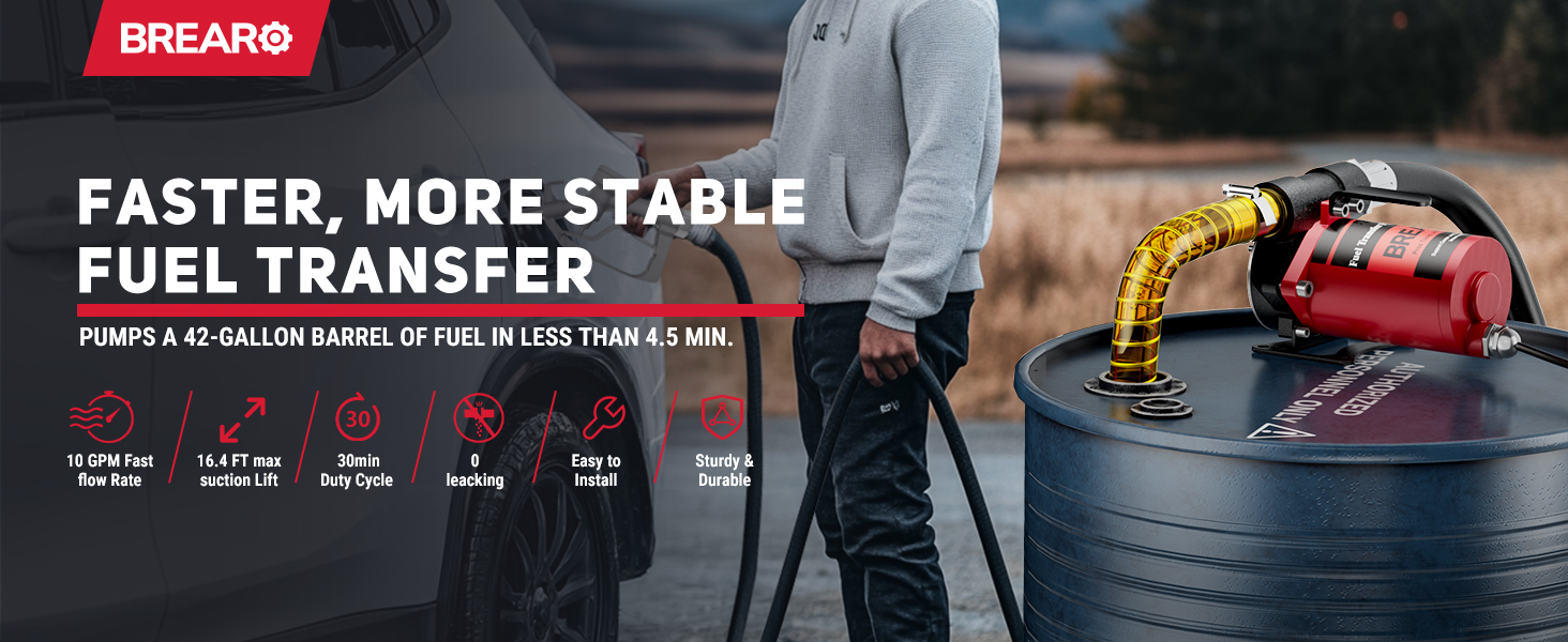 BreAro fuel transfer pump delivers faster, more stable fueling, pumping a 42-gallon barrel in under 4.5 minutes. Features 10 GPM flow rate, 16.4 FT suction lift, 30-minute duty cycle, and easy installation.