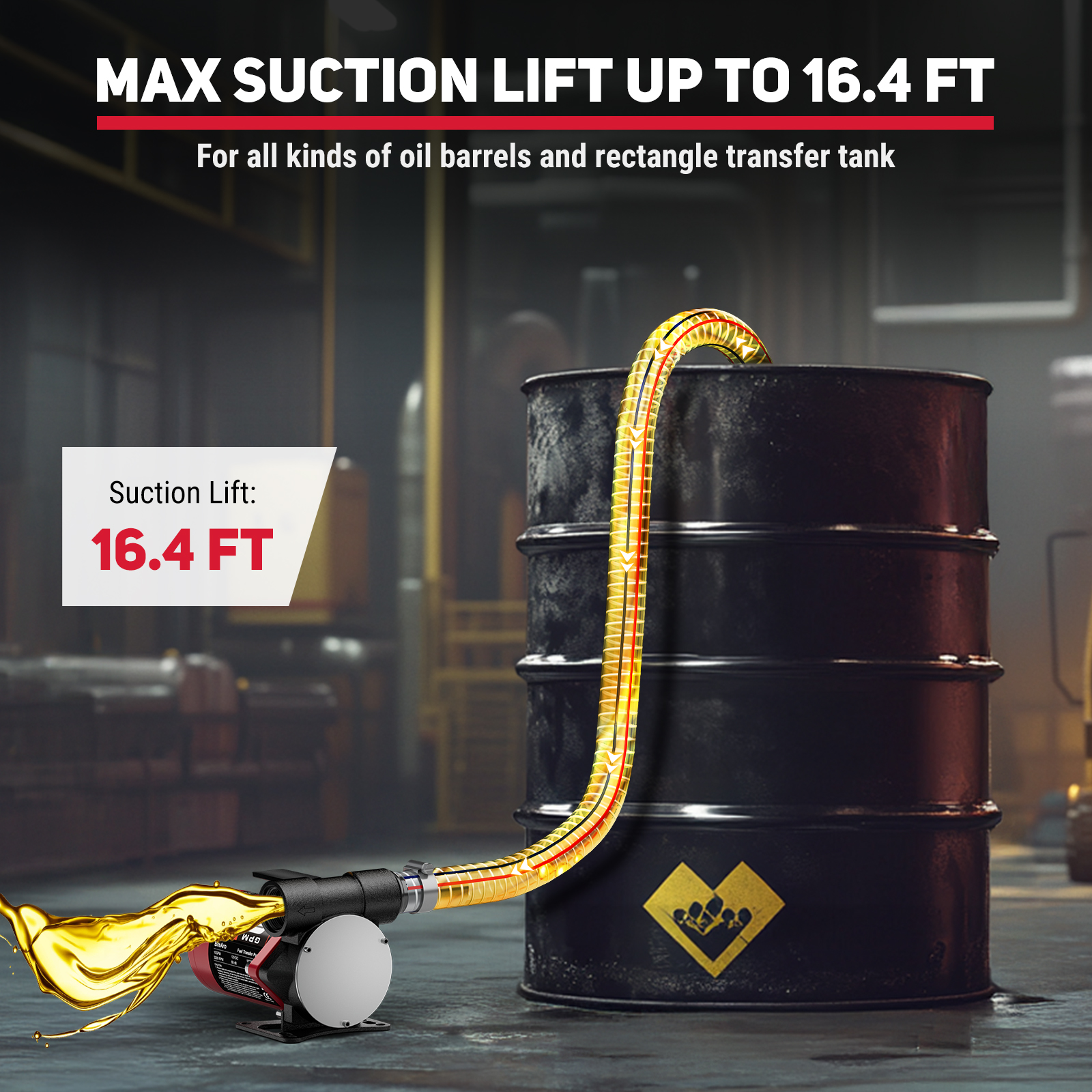 BreAro fuel transfer pump with a maximum suction lift of 16.4 feet, suitable for oil barrels and rectangular transfer tanks. Ideal for efficient fuel extraction in various applications.