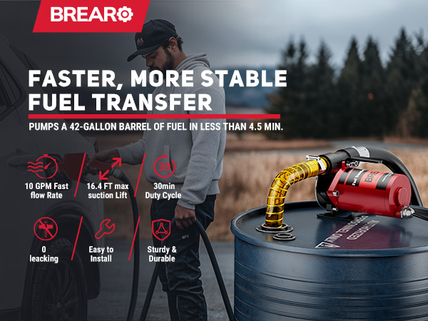 BreAro fuel transfer pump with 10 GPM flow rate, 16.4 FT max suction lift, and 30-minute duty cycle, efficiently pumping a 42-gallon barrel in less than 4.5 minutes. Easy installation, no leaks.